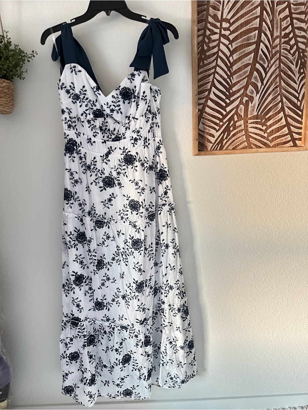 White & Navy Floral Tie-Shoulder Maxi Dress